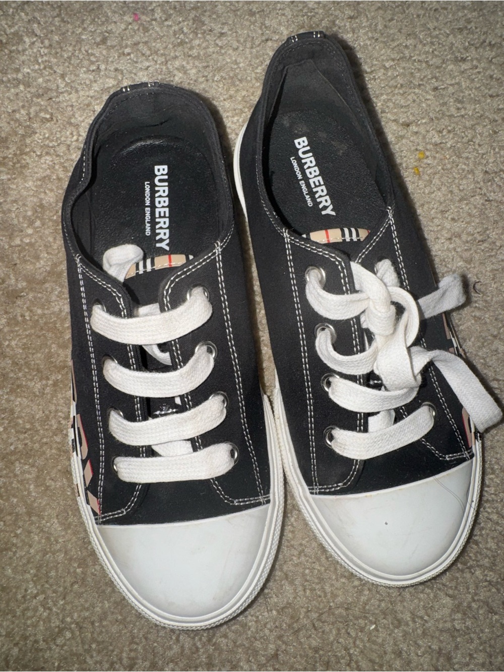 Burberry Black Canvas Kids Sneaker with White Laces and Check Accent